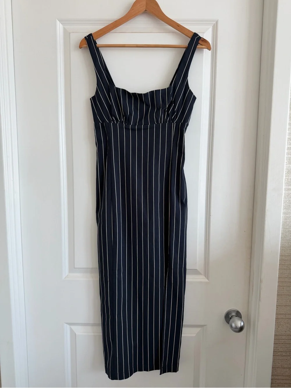 Anthropologie Navy Pinstripe Square Neckline Midi Dress with Side Slit. NWT. XS. - Picture 10 of 10